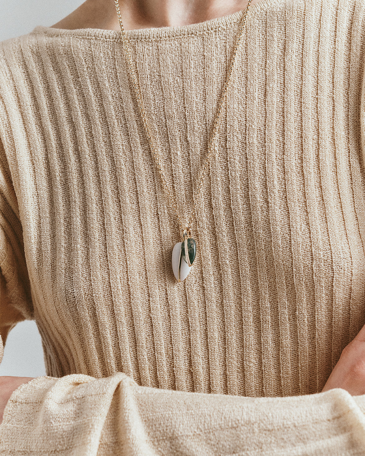 Small Diamond Pebble Pendant in Moss Agate | 14K