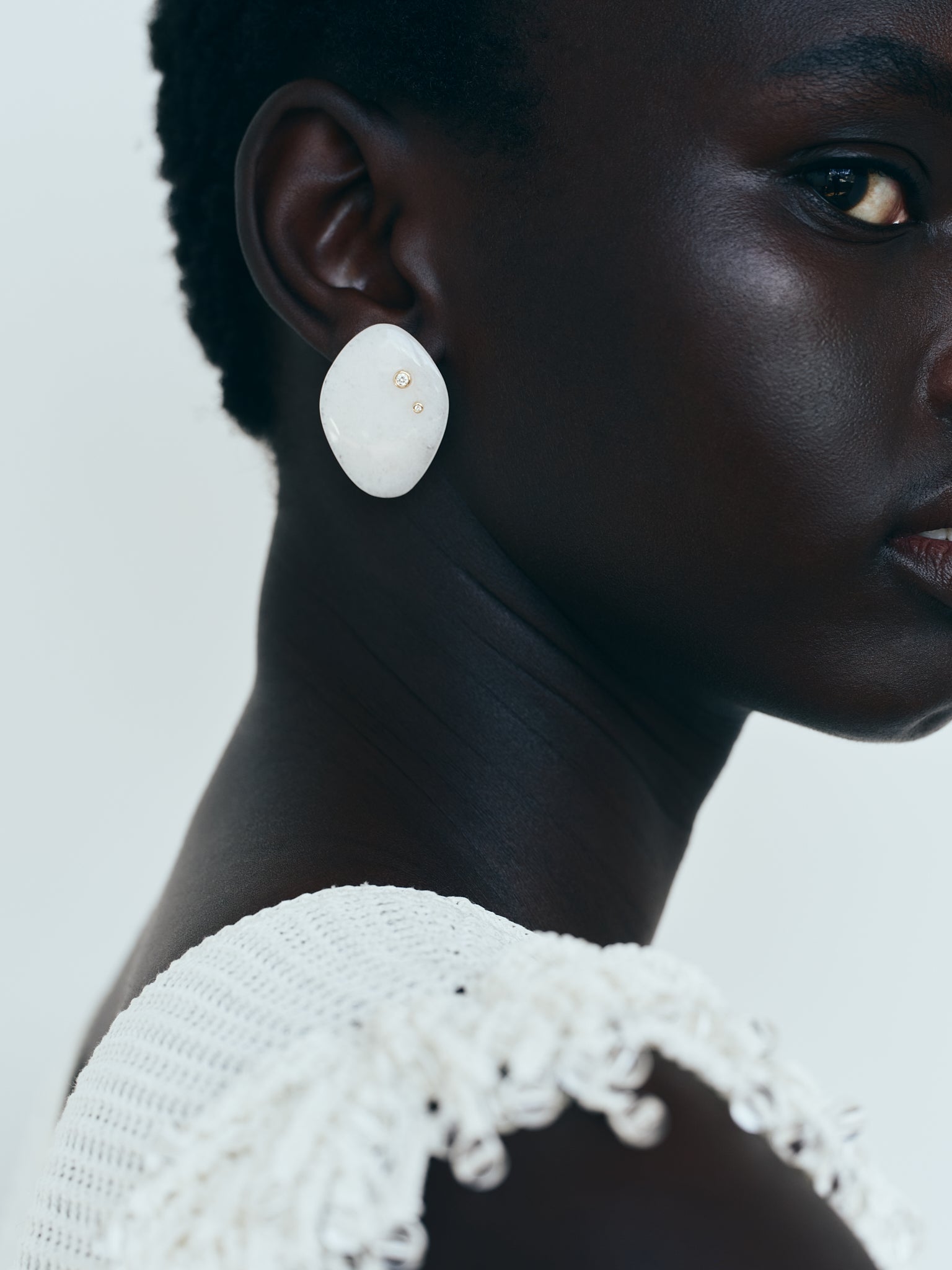 Venus Earrings in White Jasper, featuring 2 bezel set diamonds